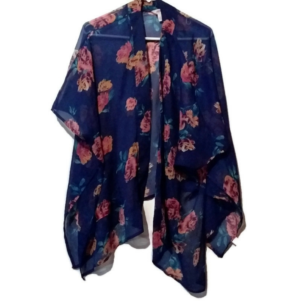Blue Floral‎ Kimono Cardigan Semi-Sheer XSmall
